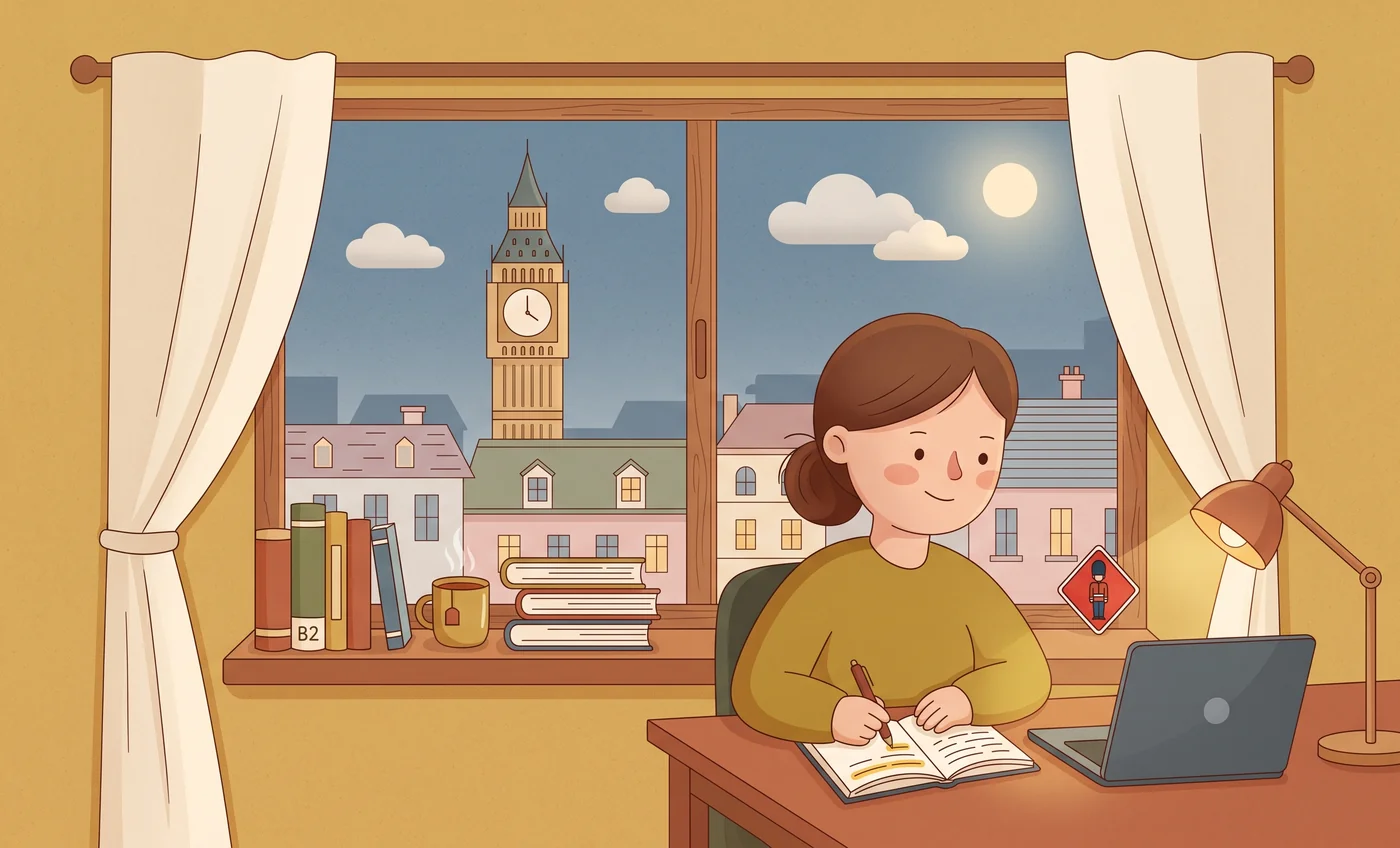 Adulto estudiando inglés junto a la ventana
