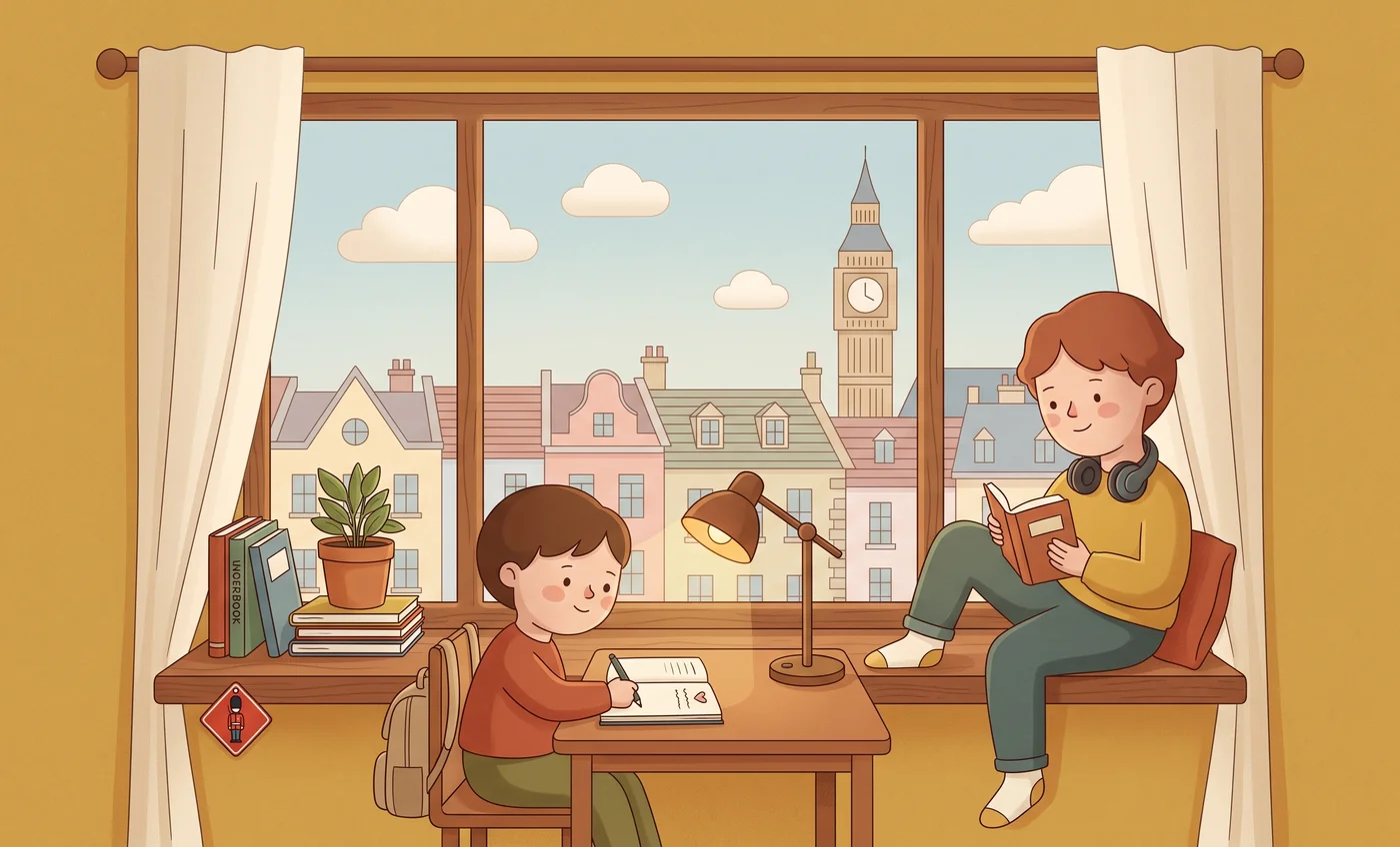 Niño escribiendo en inglés junto a la ventana